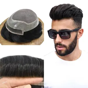 Swiss Lace Hair System For Men Remy Human Hair Mens Toupee Hairpieces Bleached Knots Natural Hairline Fine Mono Center with Transparent Poly Skin Protesis Capilar Hombre