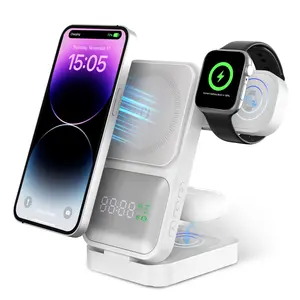 3 in 1 Wireless Charging Station for Multiple Devices, Fast Foldable Travel Mag-Safe Stand for iPhone 16/15/14/13/12/Series, Magnetic Charger for Apple Watch & AirPods Series Folding Chargeable Wearable portable charger charger chargers magnetic phone