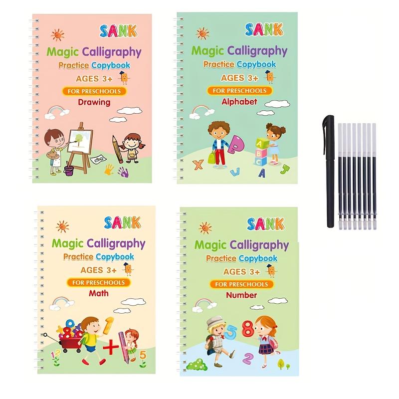 4-piece Reusable Thick Handwriting Exercise Book Groove Magic Copybook Set To Improve Writing Speed (4 Books, 1 Pen, 8 Refills)