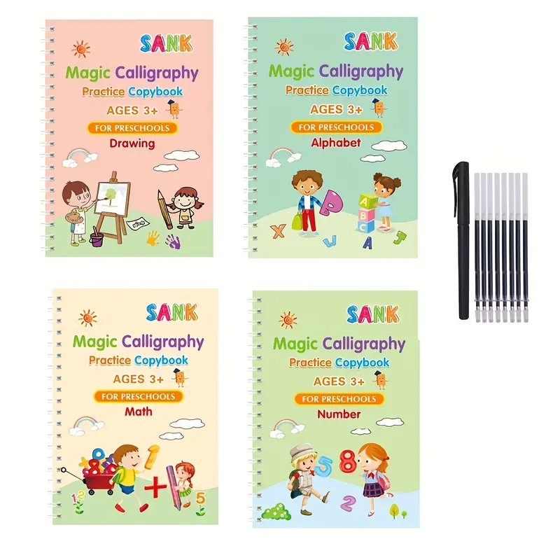 4-piece Reusable Thick Handwriting Exercise Book Groove Magic Copybook Set To Improve Writing Speed (4 Books, 1 Pen, 8 Refills)