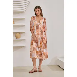Hestia Orange Boho Patchwork Midi Dress