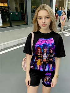 Children Neon K-Pop Set Summer Quick-Dry Short Sleeve Shorts, Girls Cool Casual, All over Print Fitted Shorts, Fashion Clothes Set