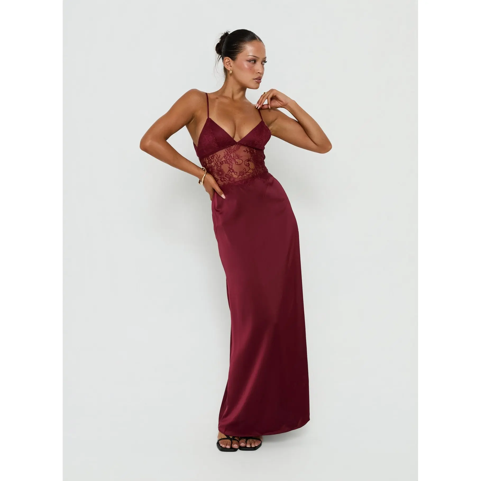 Lusta Plunge Lace Maxi Dress Cherry