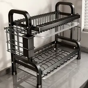 Double-layer stainless steel kitchen dish rack, including a cutlery rack, a knife holder, and a chopping board rack - a countertop organizer that improves the dining space, capable of storing plates, bowls, and tableware