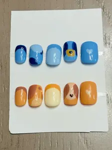 B-Bluey-Inspired Press On Nails | Handmade Cartoon Character Nails | Blue Orange Kawaii Nail Art | Cute Heart Almond Press-On Nails with Gift Set (Adhesive Tabs, Nail File, Cuticle Stick)