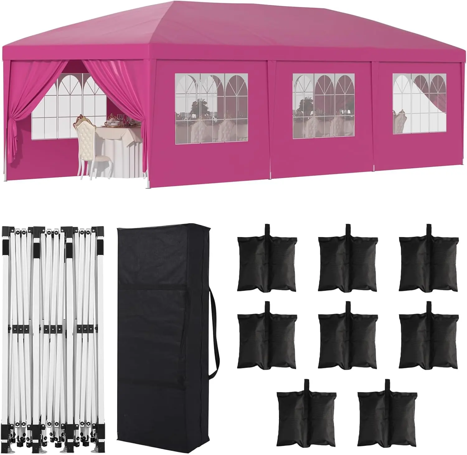 10x30 Pop Up Canopy Tent - Easy-Up Instant Shade Patio Gazebo with Center Lock, Vented Waterproof Roof, 8 Sidewalls, Reinforced Steel Frame, Adjustable Design for Wedding, Flea Markets, Commercial Use (Pink)