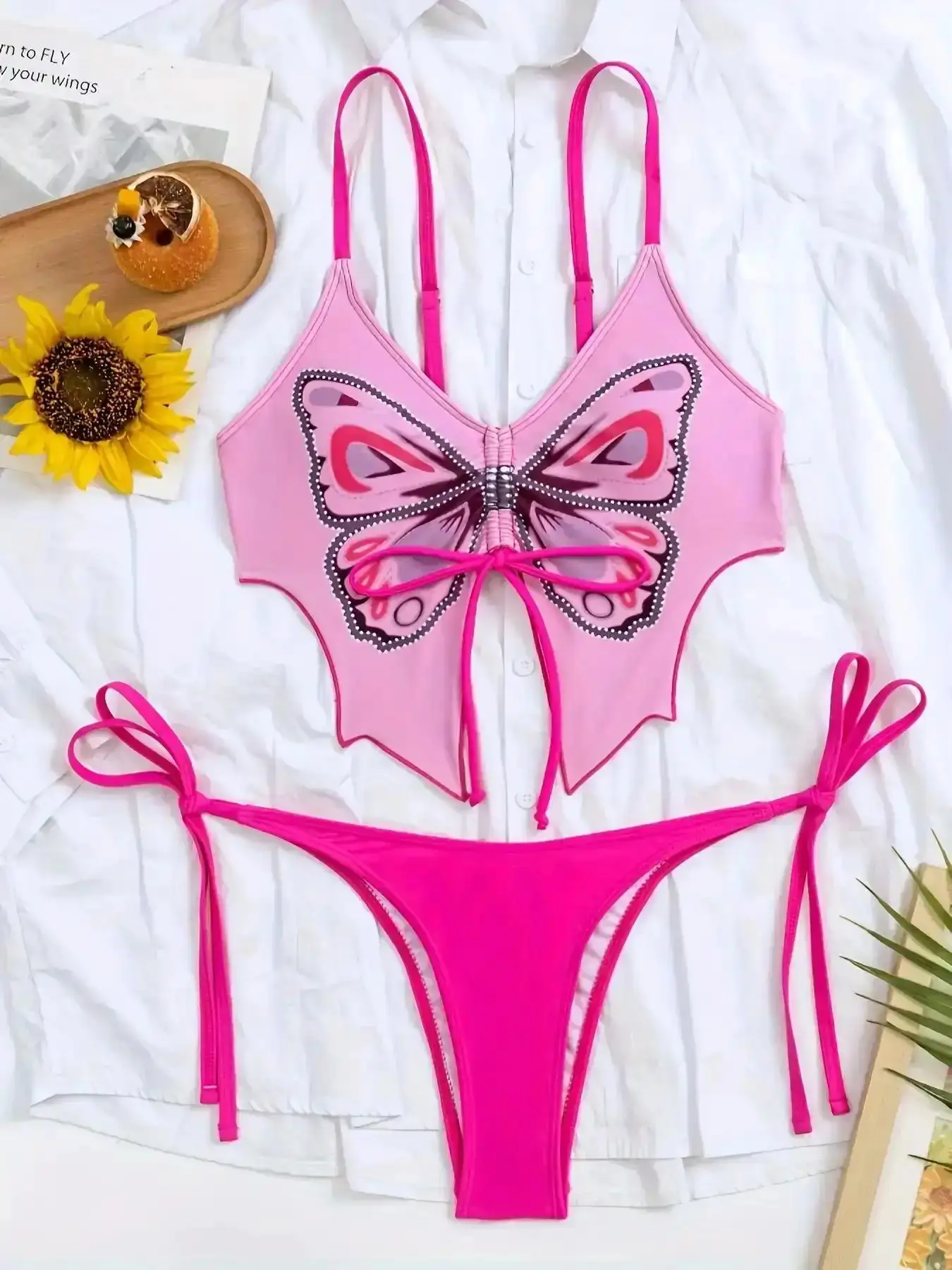 Women's Summer Chic Set, Bikinis Butterfly Print Design, Sexy Cute Fresh Fashion Style, All Seasons Wear, New 2026 Bikini Sets, Swimsuits Swimwear Pool Party Feminine Cover Up Going Out Spring Slimming, Stylish, Trendy