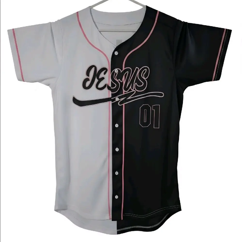 Unisex Short-Sleeve Baseball Jersey, Machine-Washable Sportswear ClothingBlack and White Split design with Light Pink lettering
