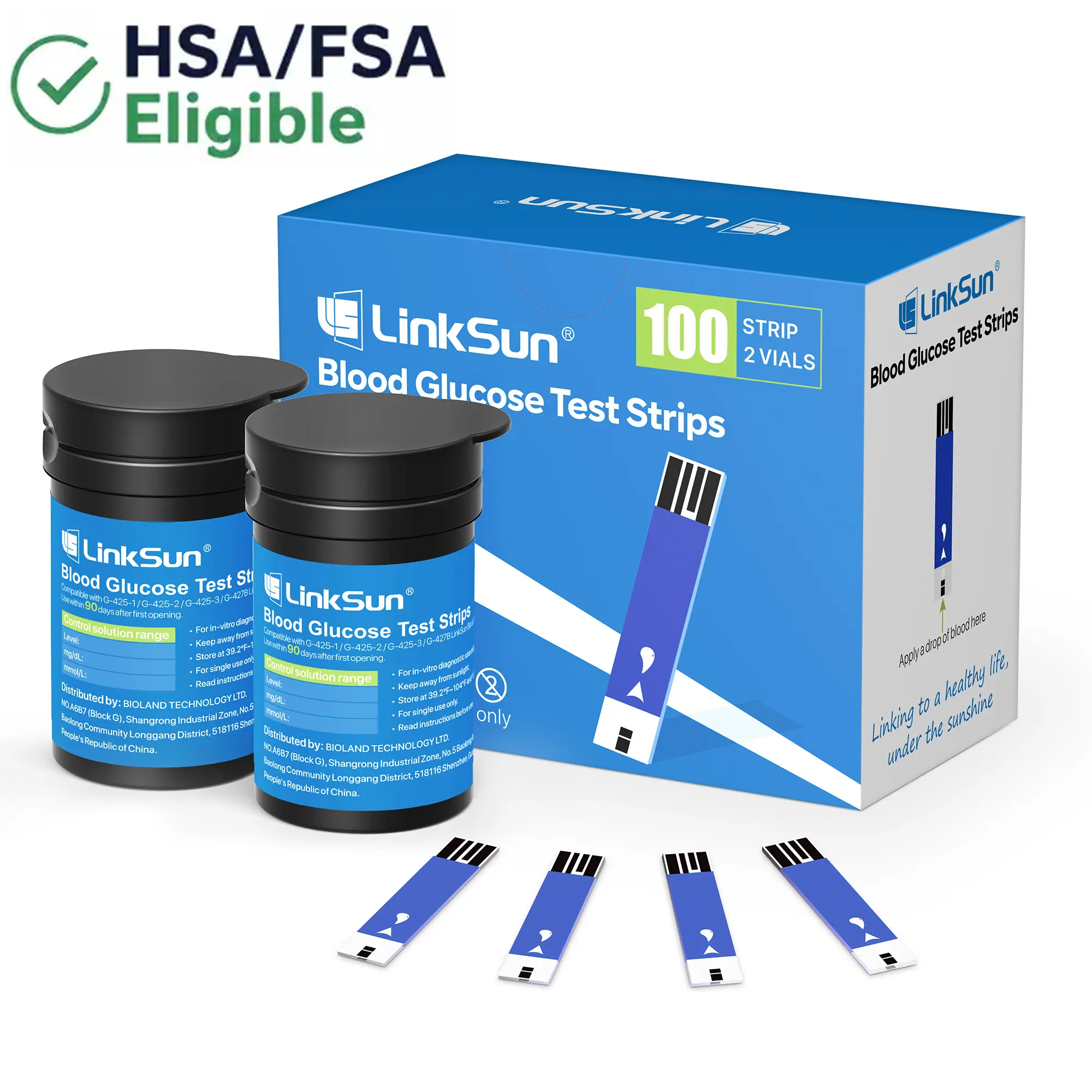 Linksun Blood Glucose Test Strips (100 Pcs, 2 Bottles) - Compatible with G-425 Series Monitors, 0.7ul Minimal Draw, 5Sec Read, Auto Siphon, Less Finger Squeeze, Accurate, Healthcare Supplies for All Ages (Strips Only)