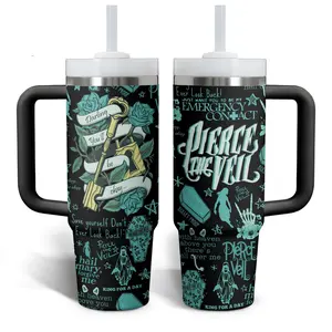 Pierce The Veil 40oz Insulated Tumbler With Handle, Mug Gift Fan Darling You'll Be Okay, Flasks for Fan King For A Day, Retro Rock Music Tumbler, Vintage Heavy metal Cup, Rock Legend Artwork Stainless Steel Tumbler , Musician Fan For Drinkware