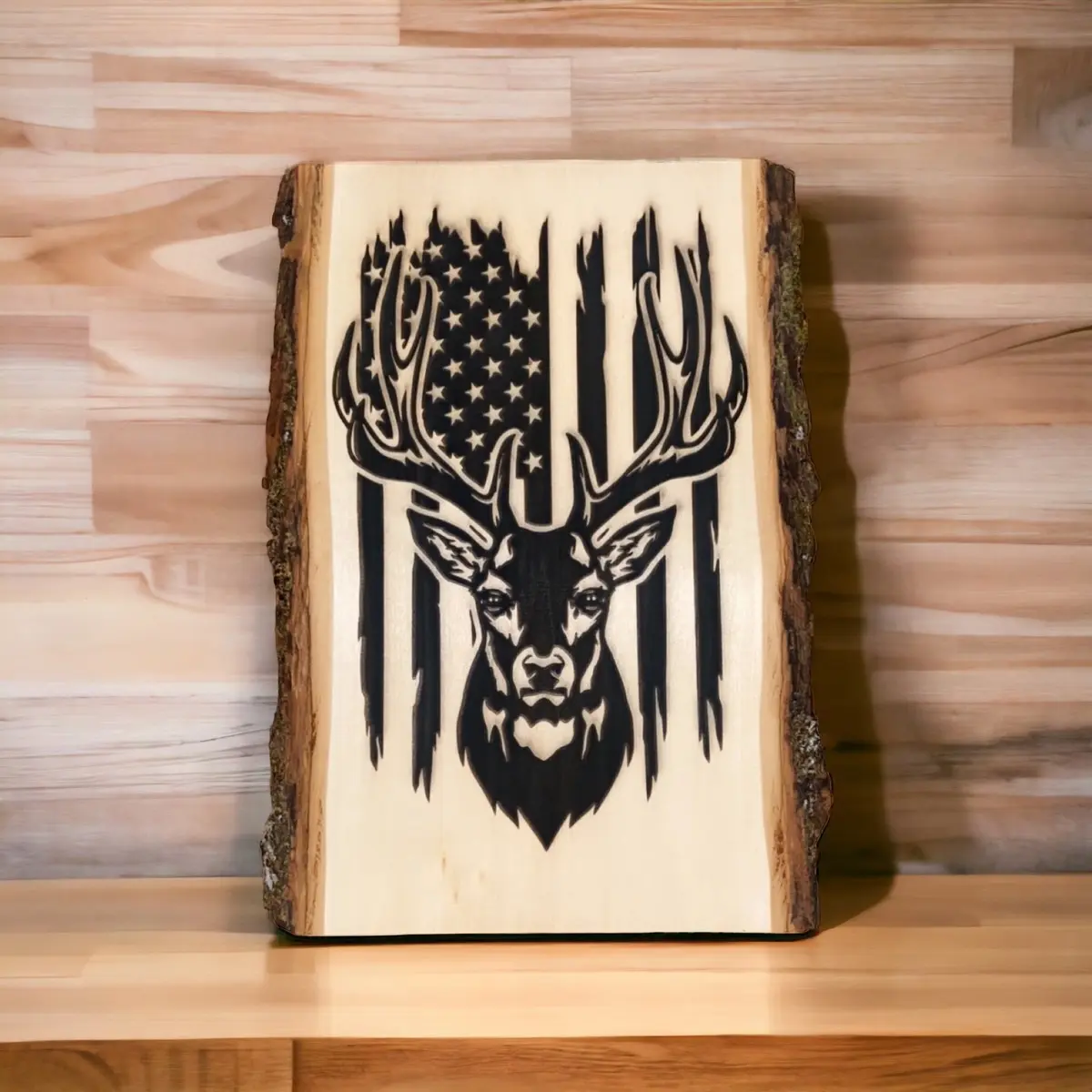 Deer head with flag engraved natural wood plaque Wooden Wooden Wooden Wooden