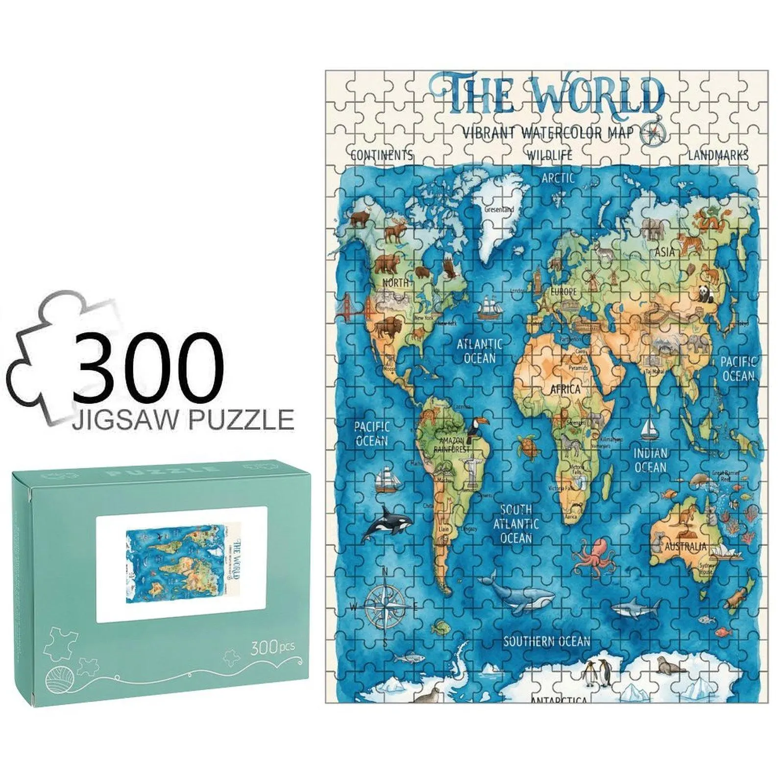 Vibrant Watercolor World Map Jigsaw Puzzle - Sturdy Paper, Wildlife Designs, Landmark Illustrations, Educational Activity, Colorful Decor for Kids & Adults (Home, Classroom)
