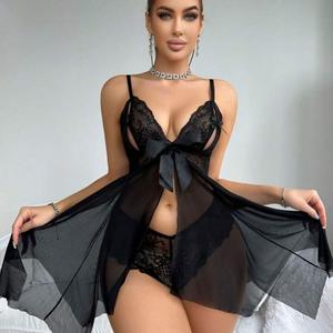Sensual V-Neck Lace Chemise Open Front Nightdress for Women Night Lingerie Cami with Elegant Bow Detail Breathable Nightwear Loungewear Basic Halter Style， plus size fashion