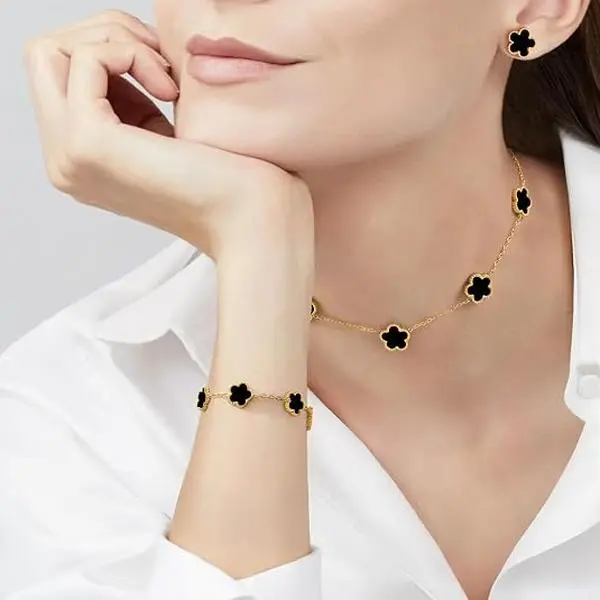 Gold Necklaces Bracelets Earring Set - 18K Gold Plated Flower Bracelet ,Stainless Steel Non Tarnish Floral Pendant Stud Jewelry Sets,Christmas Birthday Lucky Gift for Mom Wife Daughter Girlfriend
