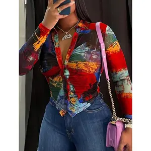 Women’s all-over print ruched button-front shirt, casual long-sleeve collared top for fall and winter, ladies’ clothing for daily wear, womenswear, long-sleeve shirts