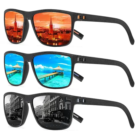 TURBOPEP 3-Pack Unisex Square High Quality Sunglasses - Lightweight Frame, HD Polarized TAC Lens, Anti-UV, Adjustable, Hypoallergenic Fit, Sunglasses for Women, Fishing, Gifts for Him, Mens Gifts