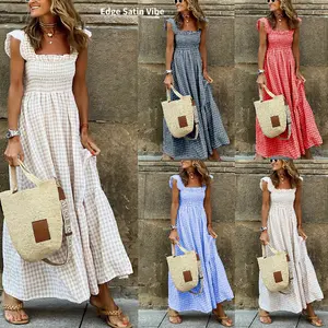 Summer Elegant Women's Patchwork Plaid Strap Elastic Large Swing Dress