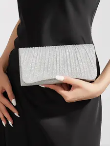 1 Piece Fashion Glitter Evening Clutch Bag With Chain, Pleated Shoulder Bag For Wedding Party, Classic Elegant Flap Banquet Bag, Fashionable Versatile Purse