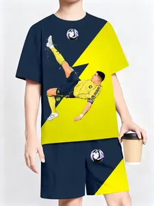 2026 Summer Cr7 Set, Riyadh Victory Team Blue Color Block Hook Shot Print Tee Shorts Two-Piece Set, Boys' Football Casual Clothing, Soccer Jerseys Set