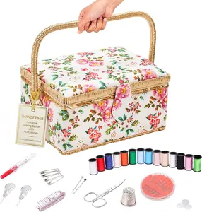 Sewing Basket with Sewing Kit Accessories, Wooden and Organizer Box with Removable Tray, Perfect Gift for Crafters, Beginners & Pros - Large, Vintage Floral
