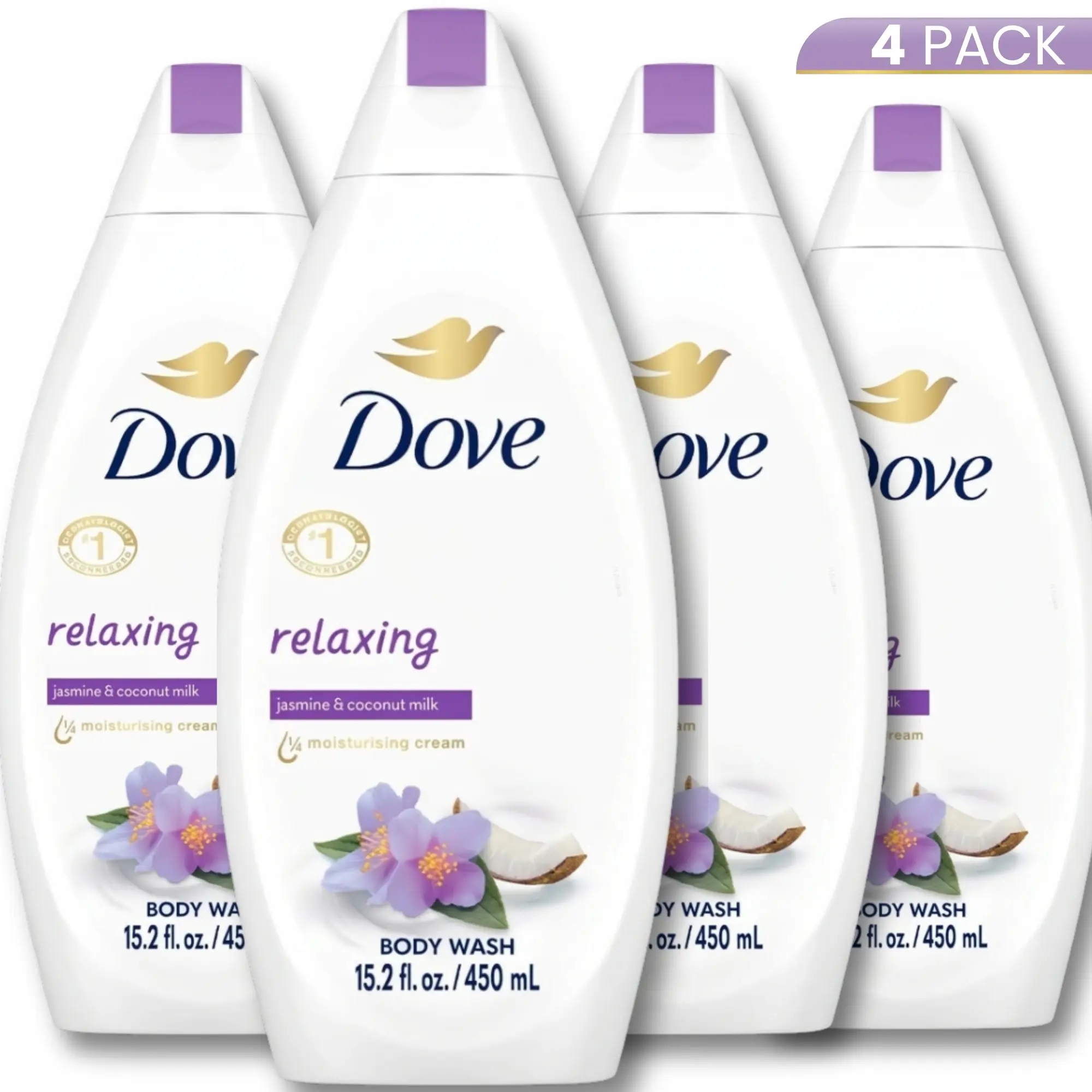 Dove Body Wash Relaxing Jasmine & Coconut Milk (4 Pack) 15.2oz / 450ml -  1/4 Moisturizing Cream & Plant Based,summerwins