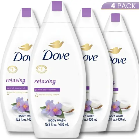 Dove Nourishing Body Wash 4-Pack (450ml Each) - Gentle Bath Cleansing Soap, Plant-Based Nontoxic Beauty Hydrating Cleanser, Natural Option for Youth, Coconut Milk & Jasmine Scented Daily Moisture-Boosting Cleanser with Rich Cream Lather