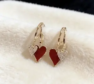 Romantic Red Double Heart Drop Earrings Gold Plated Hypoallergenic Statement Jewelry for Date Night