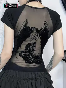 Women's Angel Print Contrast Mesh Soft Sheer Fabric Round Neck Crewneck Tee, Y2K Trendy Casual Raglan Sleeve T-shirt for Daily Wear, Ladies All Seasons Outfit