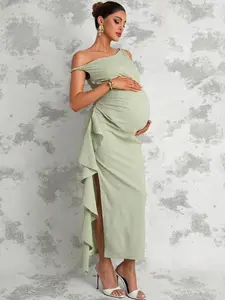 ALLITA Maternity Solid Color Asymmetric Shoulder Ruched Patchwork Ruffle Hem Side Slit Elegant Dress Pregnancy Photoshoot Sage Green Maternity Dress Pregnancy Dress