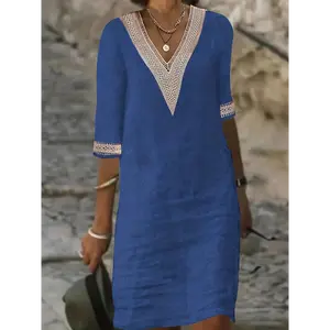 summer dress 2025 Guipure Lace V Neck Dress, Casual Short Sleeve Dress For Spring & Summer, Women's Clothing Fabric Womenswear