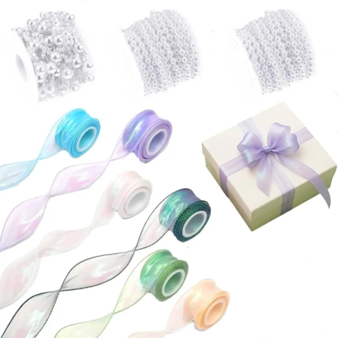 6pcs Semi-Transparent Iridescent Mermaid Organza Ribbon Rolls with 3 White Pearl Strings - Fabric Roll Trim & Embellishments, Sewing Accessory for Flower Bouquet Packaging, Engagement Party Decor, Theme Party Decorations