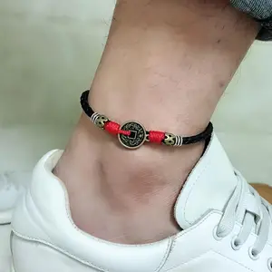 Retro Men's Fabric Ankle Bracelet - Black Rope, Coin Design, Easy-to-Use Faux Leather String Fashion Accessory