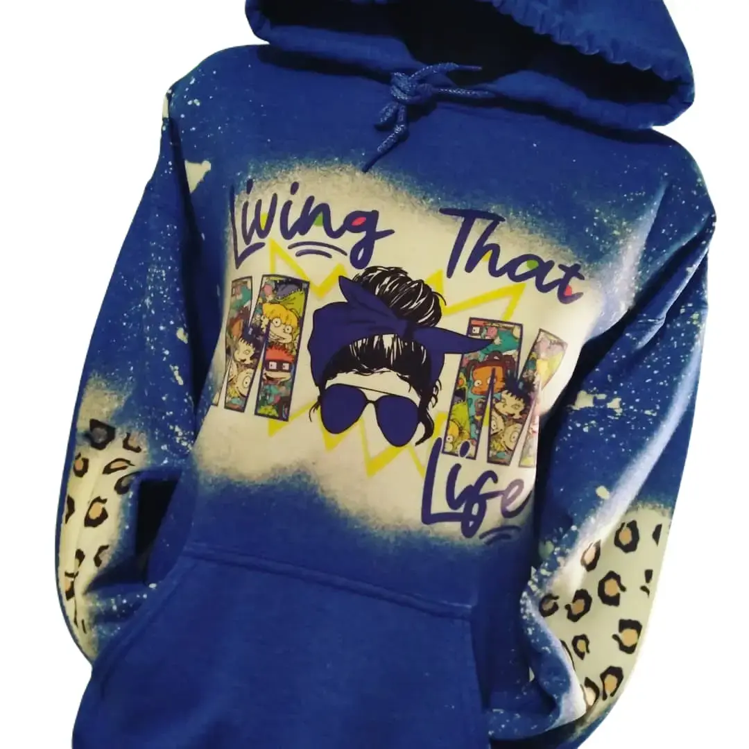 Living That Mom LIife Rugrat Inspired 90's Hoodie - Blue, Fitted Style, Graphic Design, Leopard Print, Trending Women's Sweater