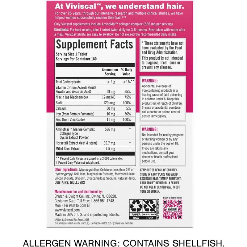 Viviscal Hair Growth Supplements for Women 180 Tablets with Biotin & Collagen for Thicker Fuller Hair 3-Month Supply AminoMar Complex & Collagen