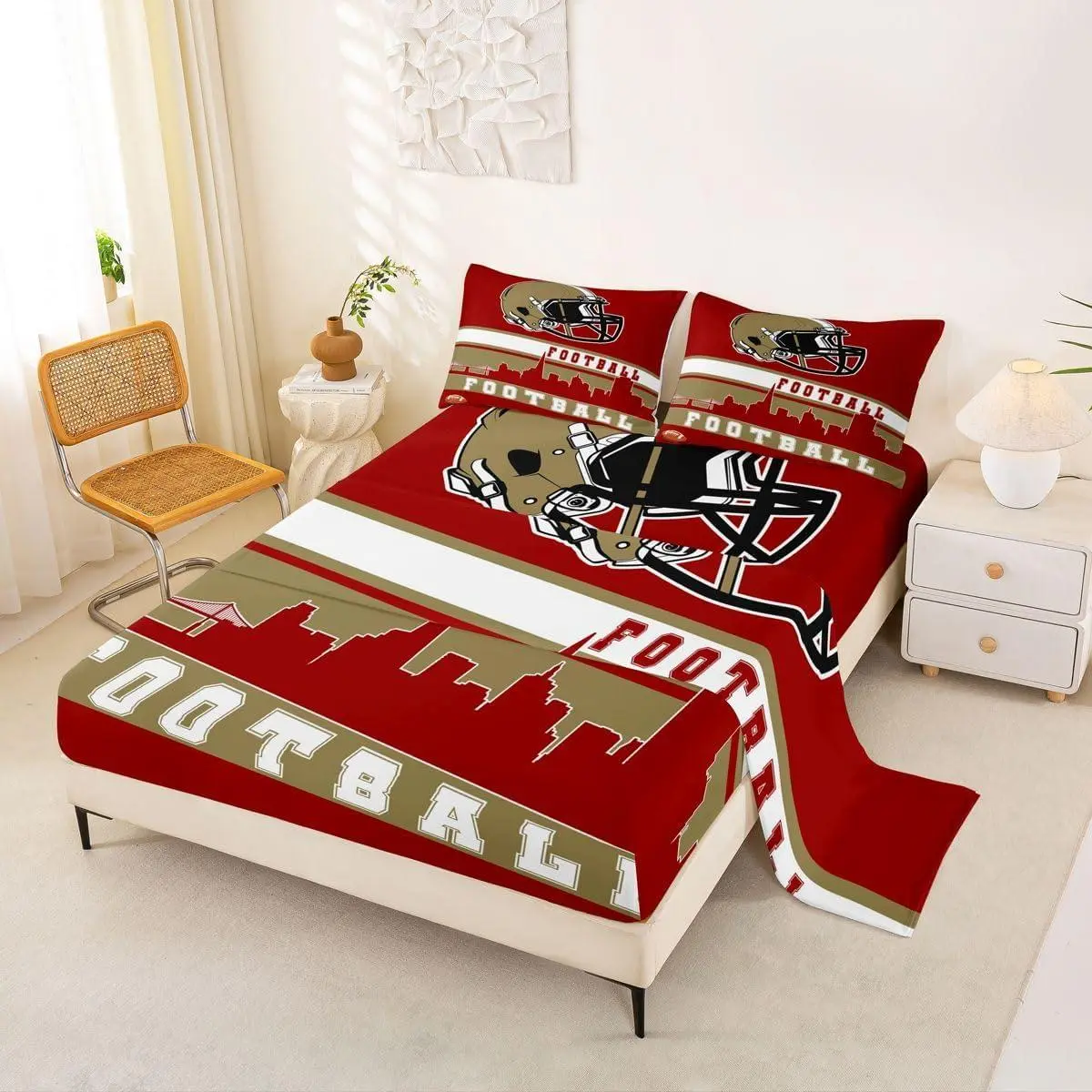 Feelyou Football Themed Breathable Microfibre Bedding Set - Deep Red, Deep Pockets Fitted Sheet, Machine Washable, King/Queen/Multi-Size Options, Ideal for Sports Enthusiasts, Great Gift for Friends, Kids Sheet Collection, Family