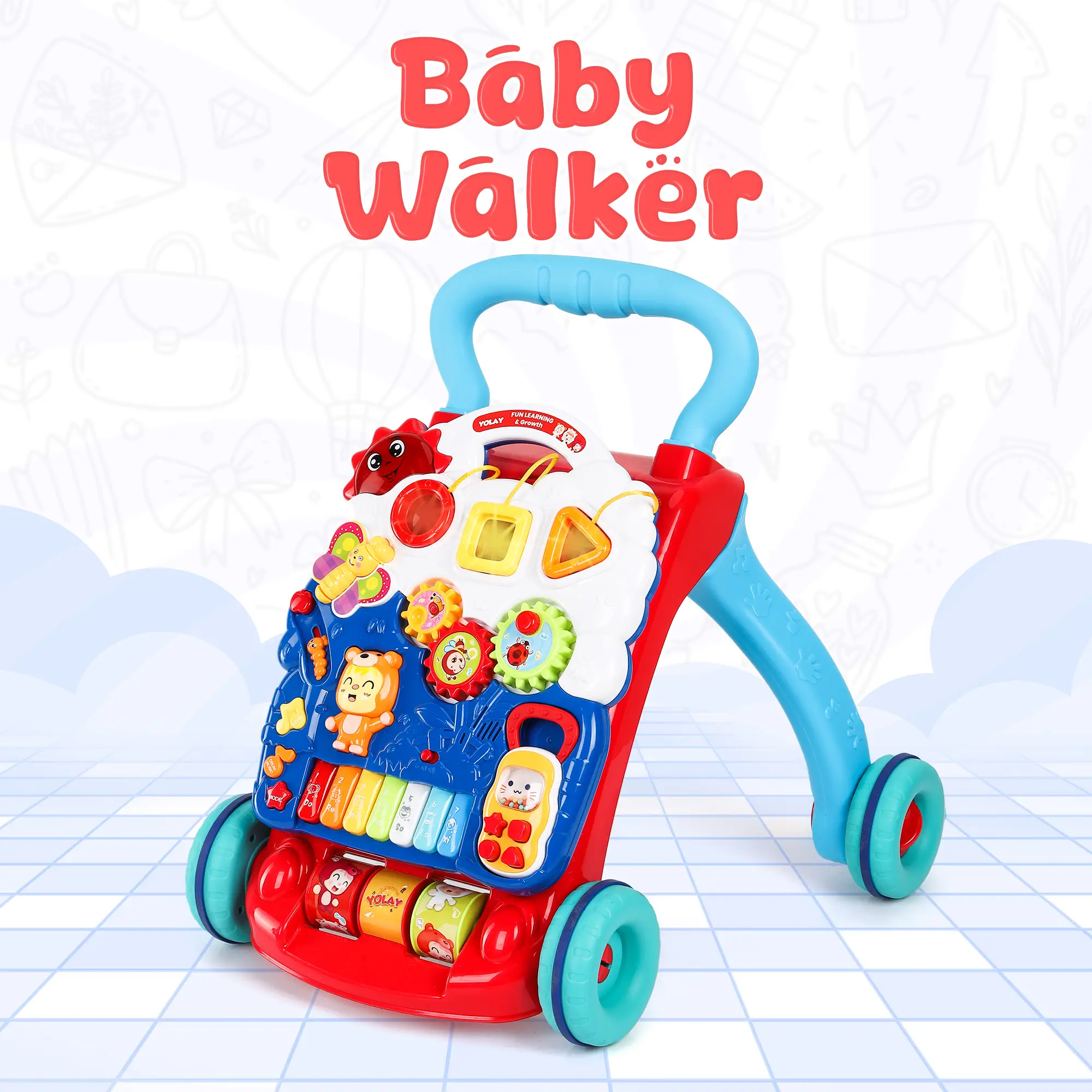 YOLAY Sit-to-Stand Premium Baby Walker with Wheels, Foldable 2-in-1 Push Toy, Detachable Play Panel, Early Learning Activity Center for 6-12M –Blue, Y