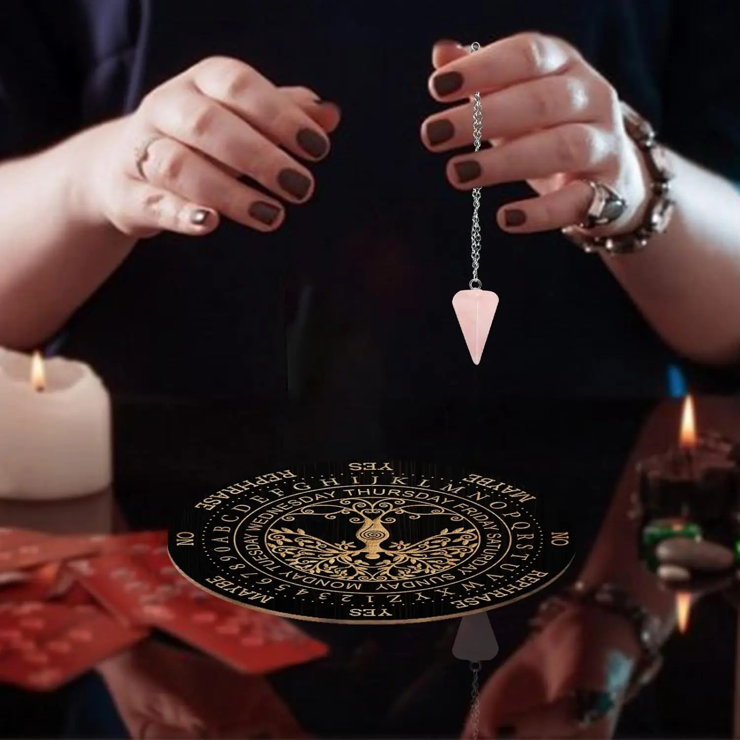 Metaphysical, Spiritual Tree of Life Pendulum Board Kit: Engraved Populus Alba alphabet/number divination board with crystal pendulum, ideal for witchcraft, meditation & altar decor