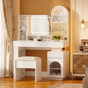 White Arched Vanity Desk with Mirror and Lights, Makeup Vanity Table w/ 3 Drawers & 11 Storage Shelves & Outlet, Light Strip & Vanity Stool for Bedroom