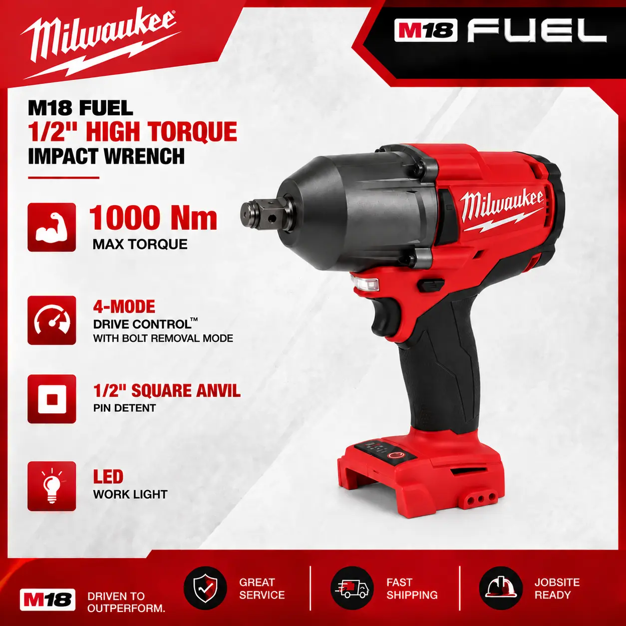 Milwaukee M18 FUEL 1/2 in High Torque Cordless Impact Wrench - 1000 Nm Max Torque, Auto Stop Bolt Removal Mode, Heavy Duty Brushless Mechanic Tools for Car Repair, Automotive Garage Use