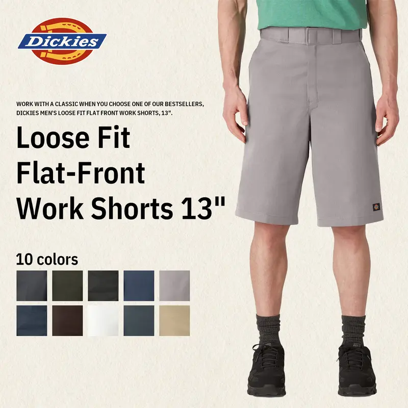 Dickies | Men's Loose Fit Flat Front Work Shorts, 13",  Wrinkle Resistant, Stain Release, Utility Pocket, Workwear Style