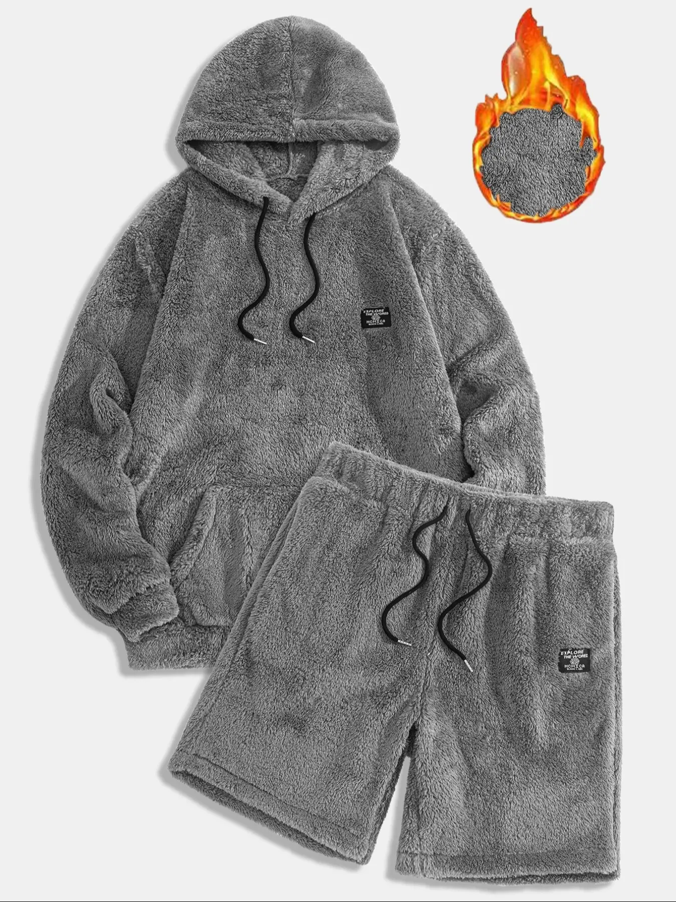 Men's Plush Hoodie & Shorts Set, Soft Breathable Warm Comfortable Fabric, Fashion Casual Sportswear, Athleisure Sweatsuit, Winter Wear for Men, Hooded Tracksuit Set, Streetwear Tracksuit Set, Casual Sporty Set