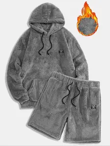 Men's Plush Hoodie Shorts Set, Soft Breathable Warm Comfortable Fabric, Fashion Casual Sportswear, Winter Wear for Men, Sweatsuit Sets