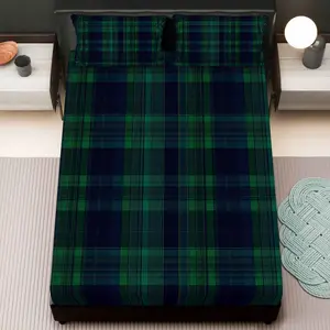 3pcs Scottish Plaid Green Blue Bed Sheet Fitted Sheet Three Piece Set (1*Fitted Sheet+2*Pillowcases, Coreless), Tartan theme, Checkered Striped Bedding Set, Mattress protector Soft, Breathable, Bedroom Guestroom Bed Sheets Set