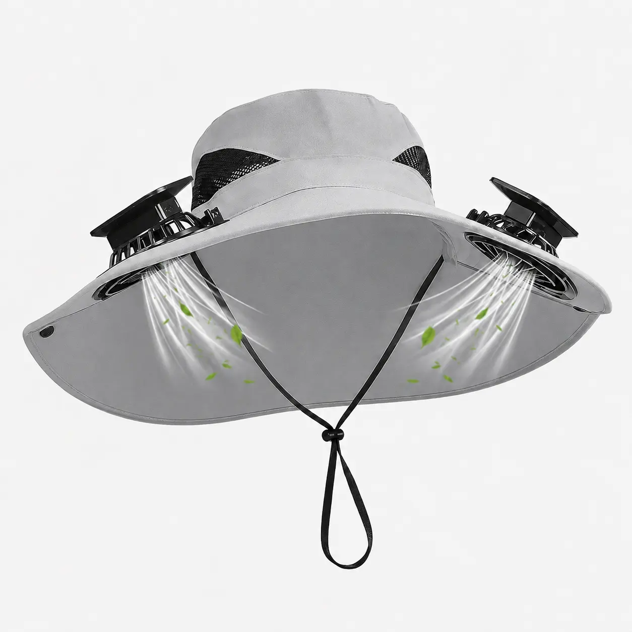 Solar Powered Fan Bucket Hat for Men, USB-Rechargeable Wide Brim Breathable Mesh Hat with Dual Cooling Fans, Adjustable Chin Strap for Fishing, Gardening, Summer Outdoor Activities