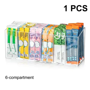 1-Pack Drink Packet Organizer, Water Drink Packet Holder with Removable Compartments, 3/4/6 Adjustable Divider for Kitchen/Office Storage, Space-Saving Flaver Packet Storage Container, Drink Bag Storage Box, Transparent Beverage Box for Table, Fridge
