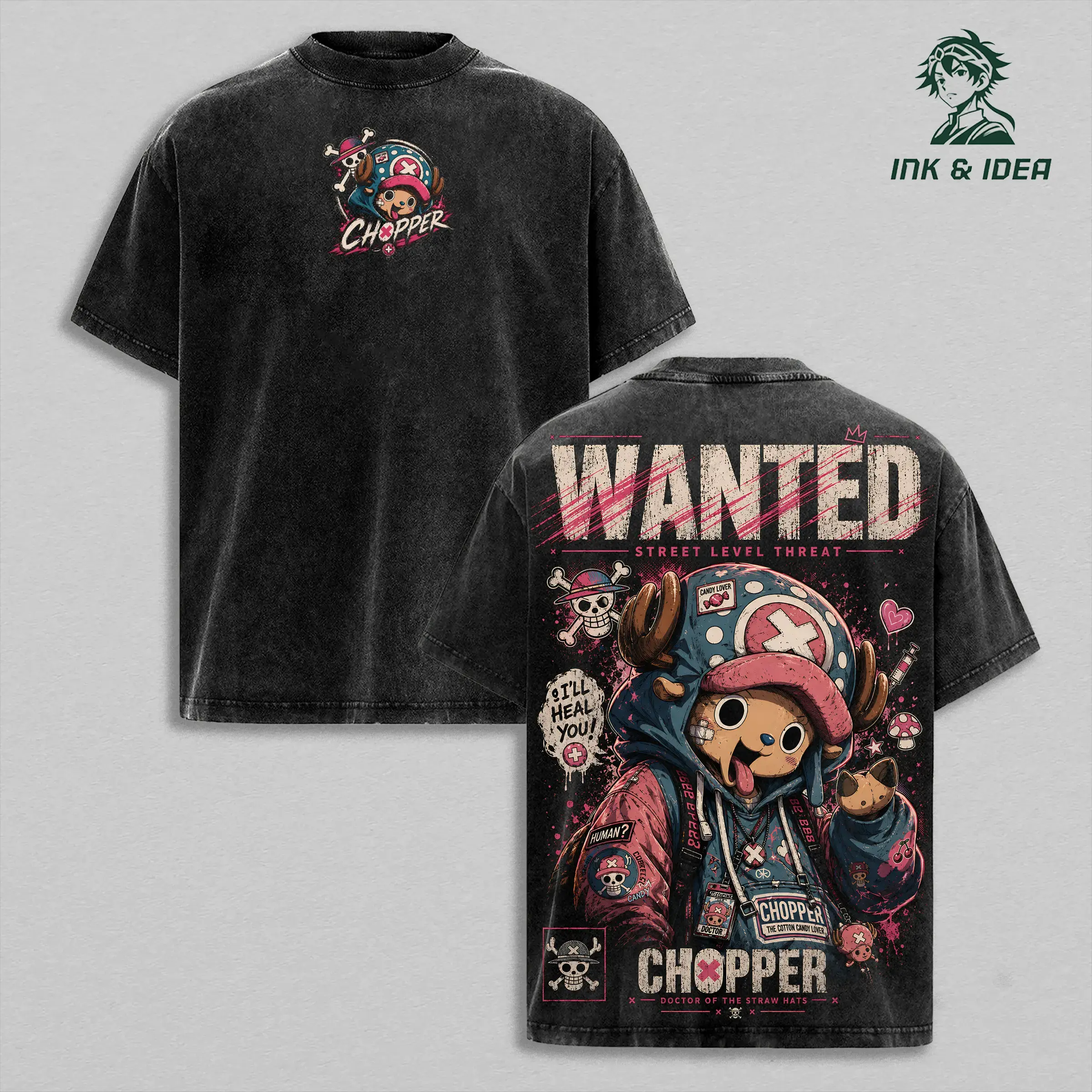 Chopper Double Printed Vintage Washed Tee Doctor Pirate Graphic Shirt Oversized Heavyweight Cotton Anime Streetwear for Manga Fans Cool Alternative Fashion Casual Apparel Fan Gift Collectible Merchandise