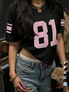 Women's Y2K American Retro Mesh Breathable Sports Top, Multi-color Streetwear Casual Fitted Print Blouse, Daily Wear Women's Clothing, Casual Sporty Top