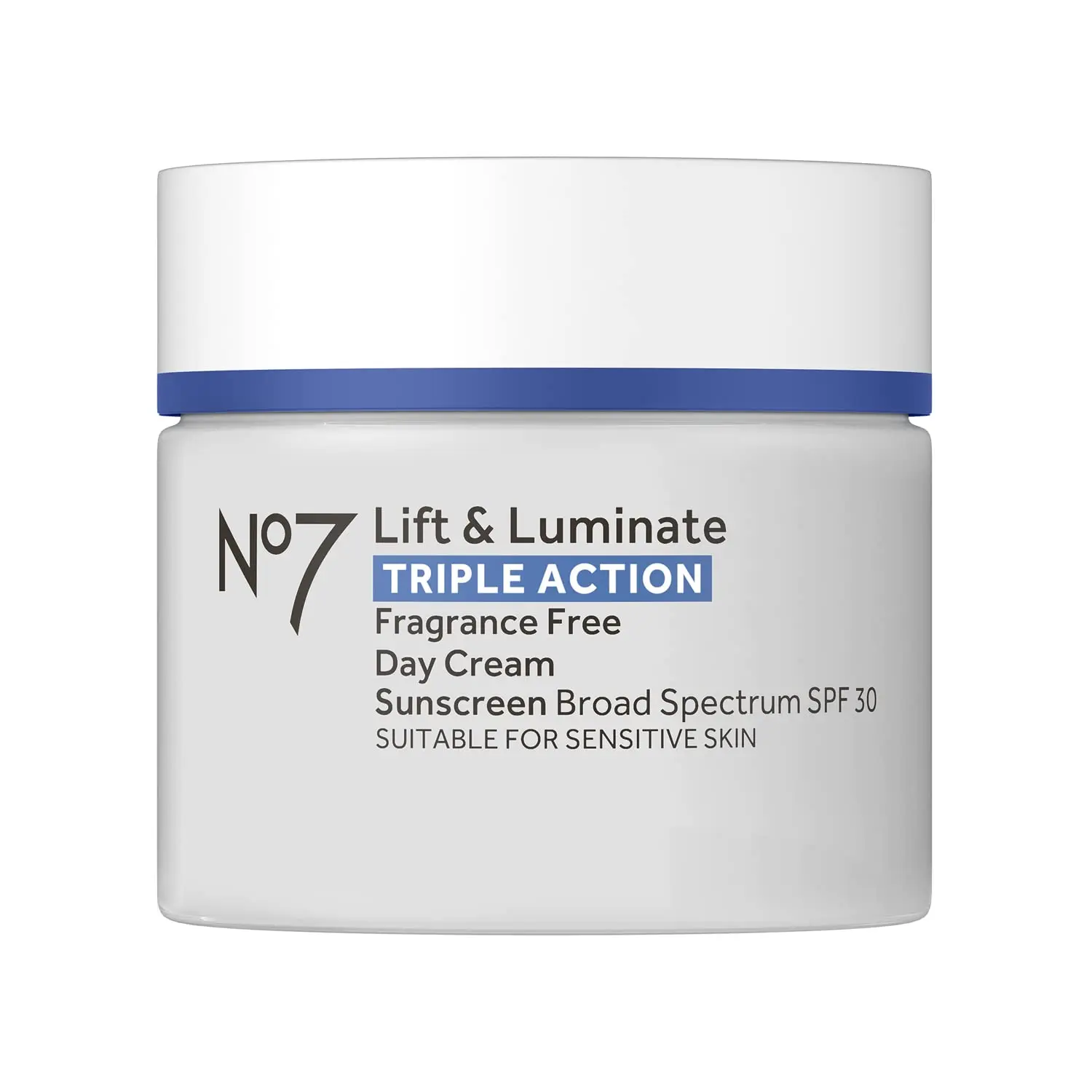 No7 Lift & Luminate Fragrance-Free Face Moisturizer with Broad Spectrum SPF 30, Hyaluronic Acid, Vitamin C, Hibiscus Peptides & Brightening Complex, Sensitive Skin Day Cream, 50 mL / 1.69 fl oz