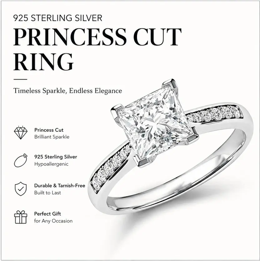Bridal Statement Ring, Bohemian S925 Sterling Silver 2CT Princess Cut Moissanite, Unique Anniversary Engagement Ring, Unique Rings, Elegant Ring