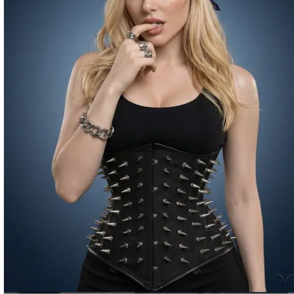Steampunk Steel Boned Cotton Underbust Corset with Front Busk & Silver Spike
